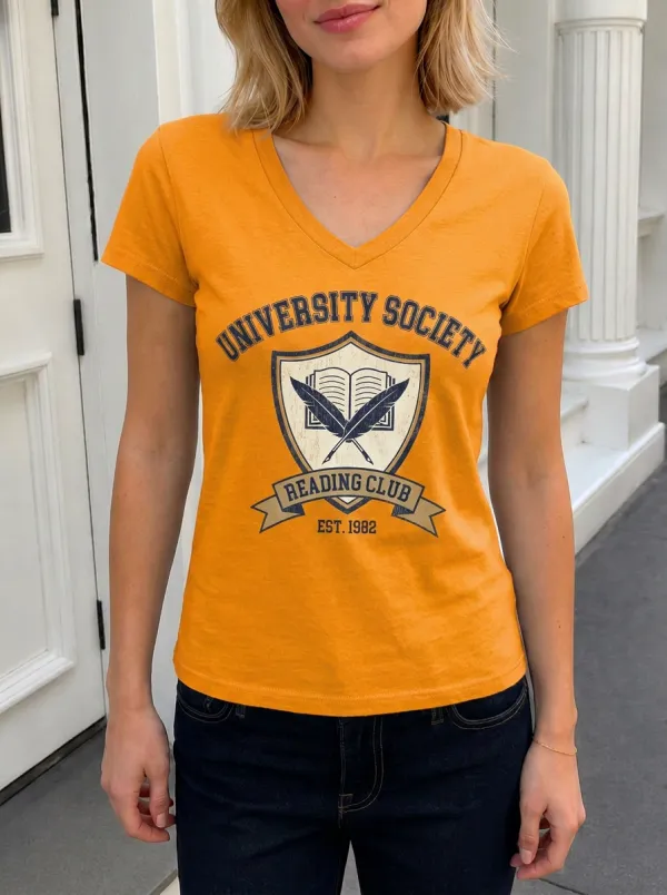 Women's University Reading Club Book Quill Shield Printed V-Neck T-Shirt