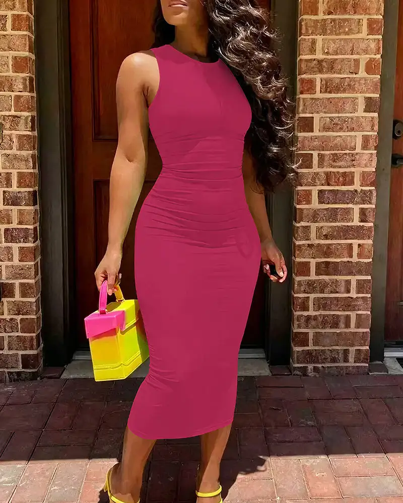Sleeveless Bodycon Midi Dress Casual Summer Solid Color