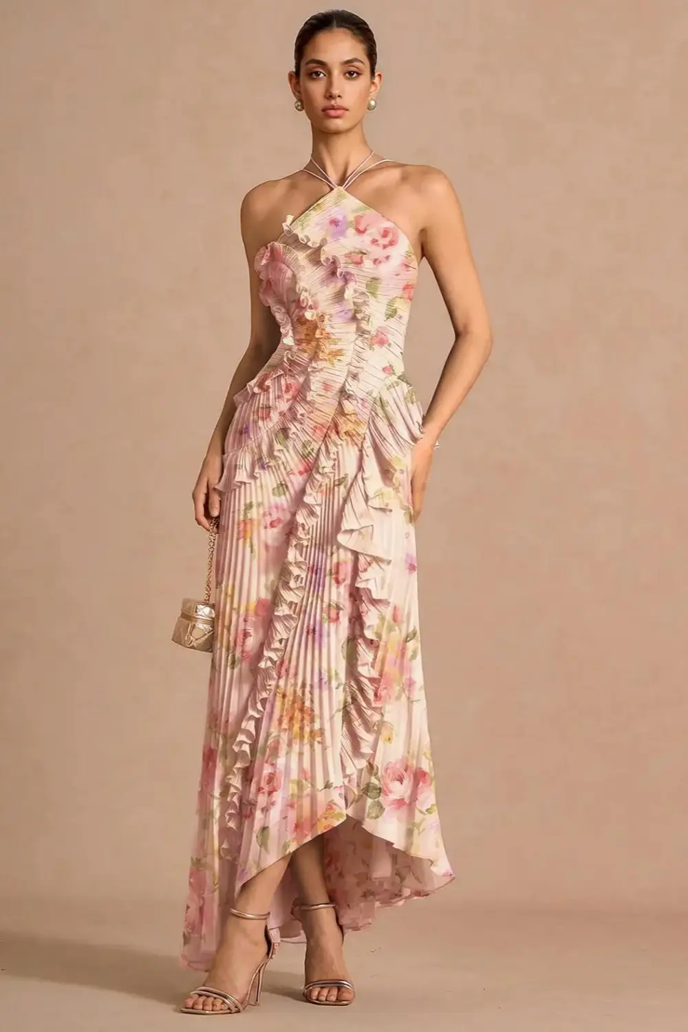 Pleated Frill Halter Neck Midi Dress