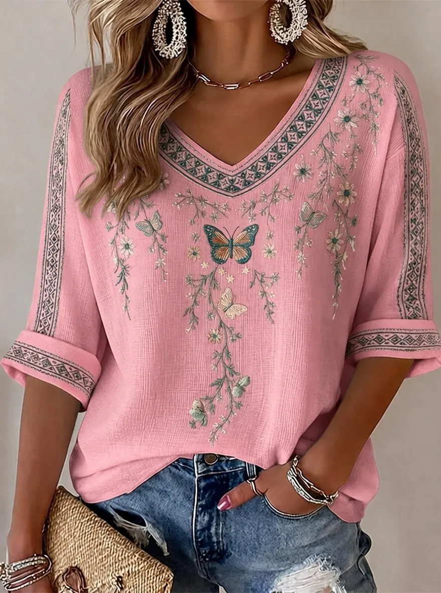 Women's Floral Butterfly Bohemian Printed Short Sleeve T-shirt