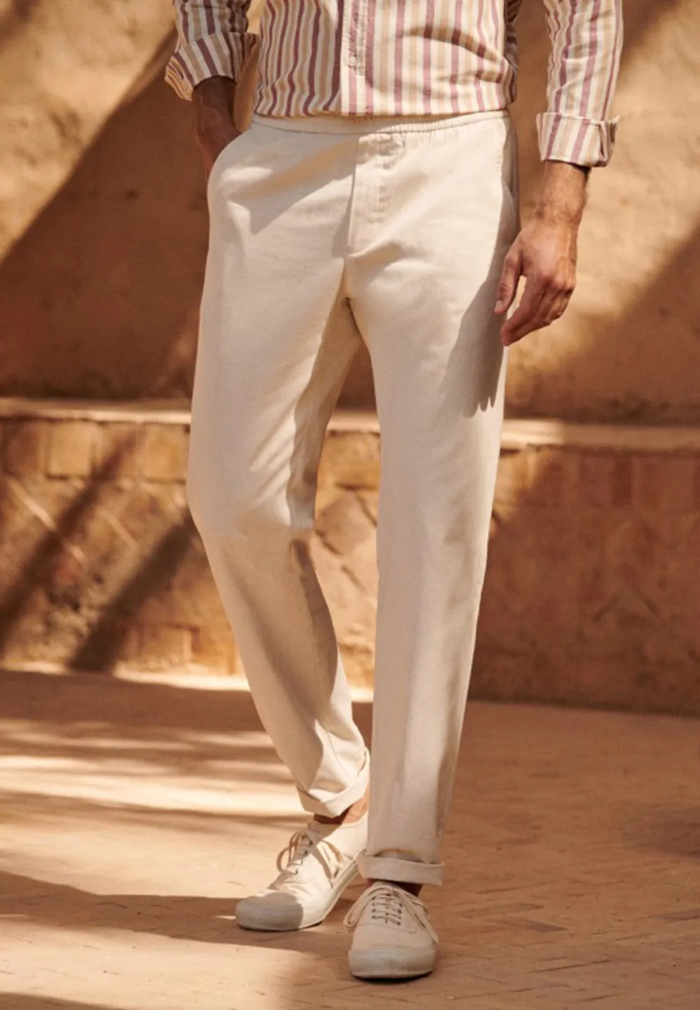 Cream White Cotton Linen Blend Relaxed Trousers