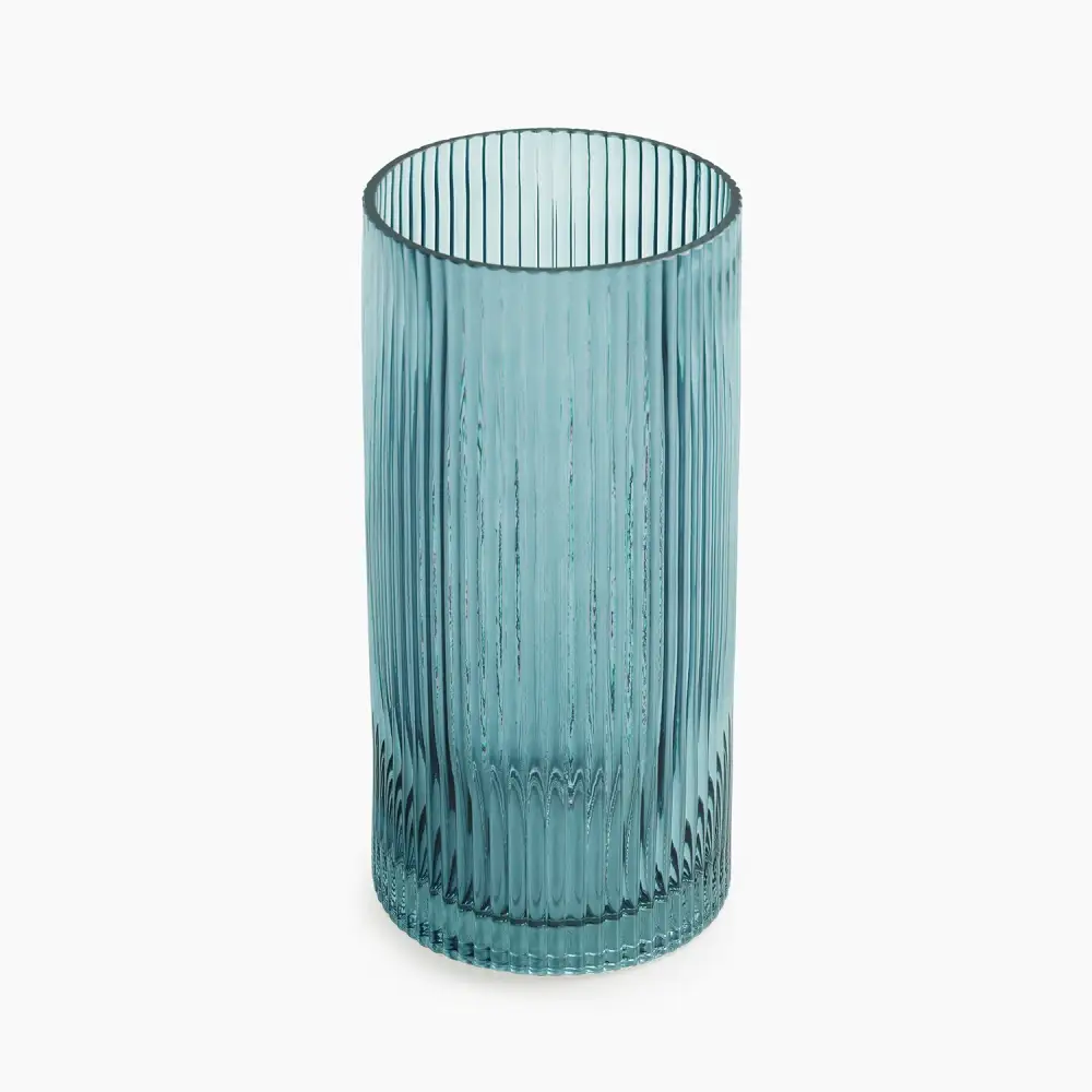 Teal Ribbed Glass Vase
