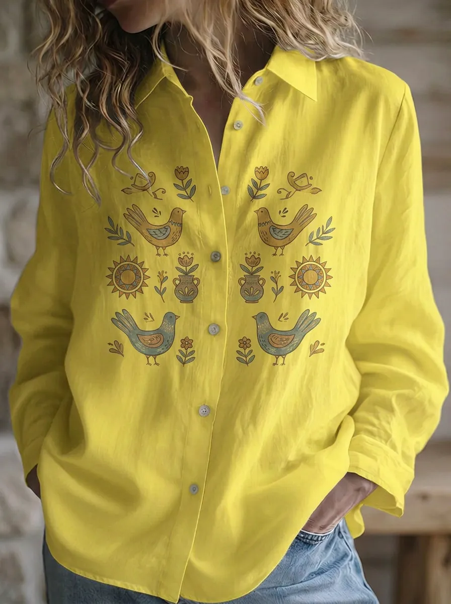 Women's Folk Art Bird and Floral Printed Button-up Shirt