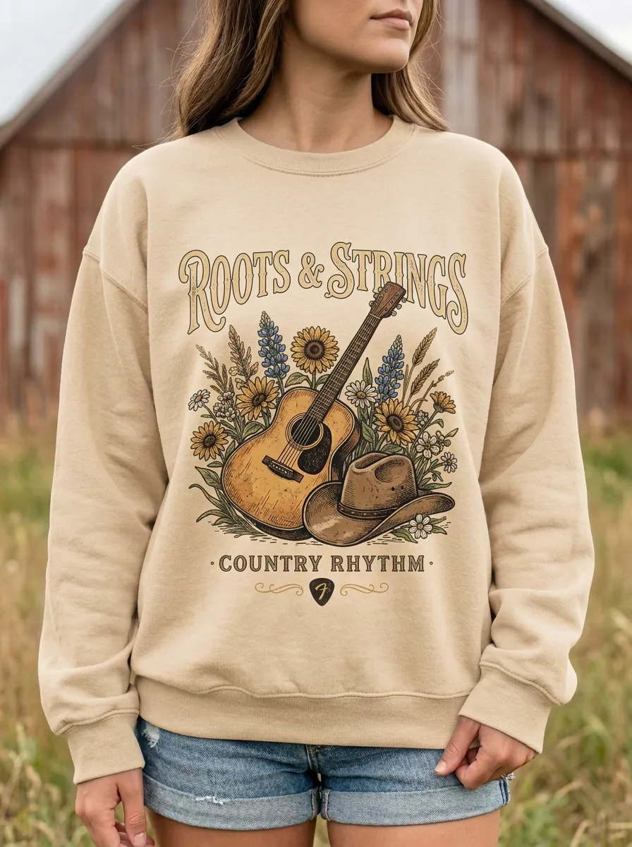 Guitar Cowboy-Hat Sunflower Women's Country Music Crewneck Sweatshirt