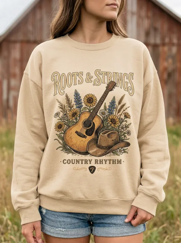 Guitar Cowboy-Hat Sunflower Women's Country Music Crewneck Sweatshirt