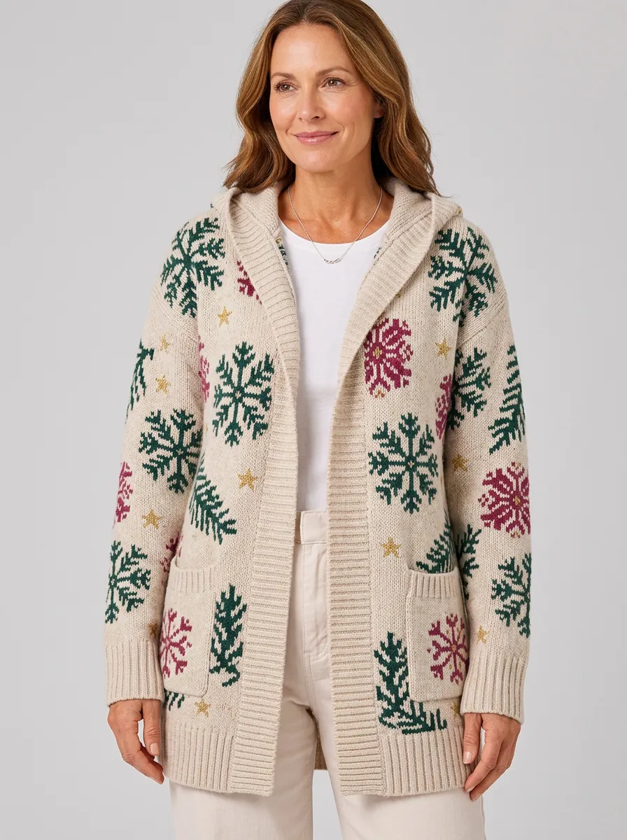Christmas Snowflake Star Pattern Print Hooded Cardigan