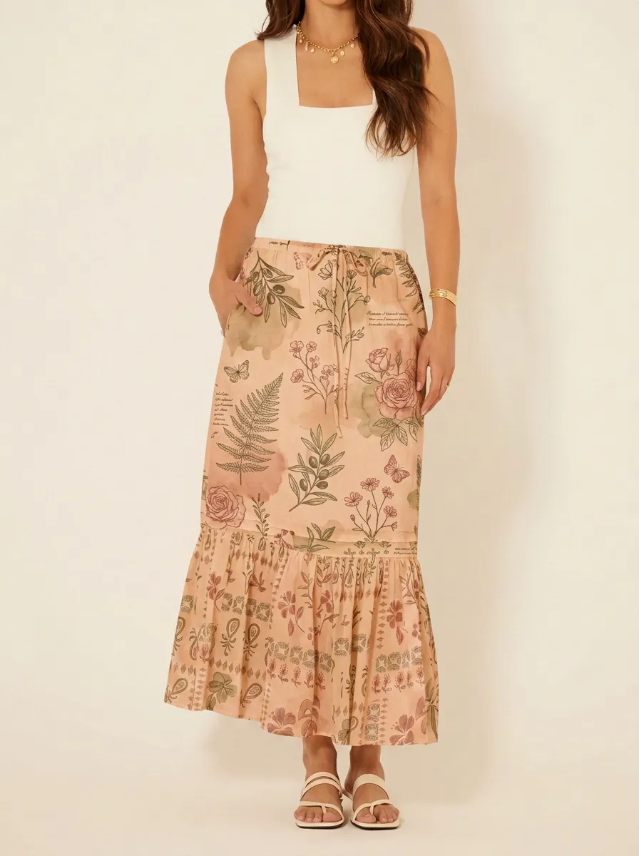 Women's Botanical Floral Fern Printed Ruffle Maxi Skirt