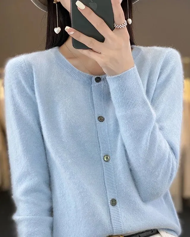 Classic Mink-Cashmere Cashmere Button-Front Crew-Neck Cardigan
