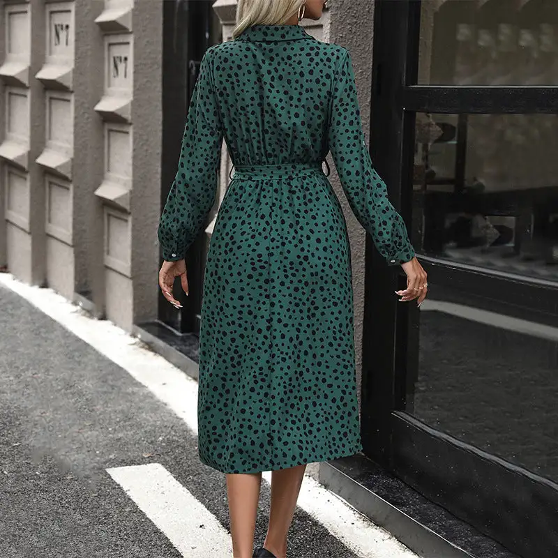 Women's Shirt Long-Sleeve Polka-Dot Belted Dress