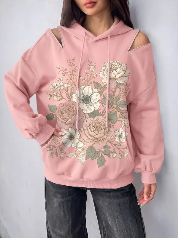 Women’s Botanical Floral Art Cold Shoulder Hoodie