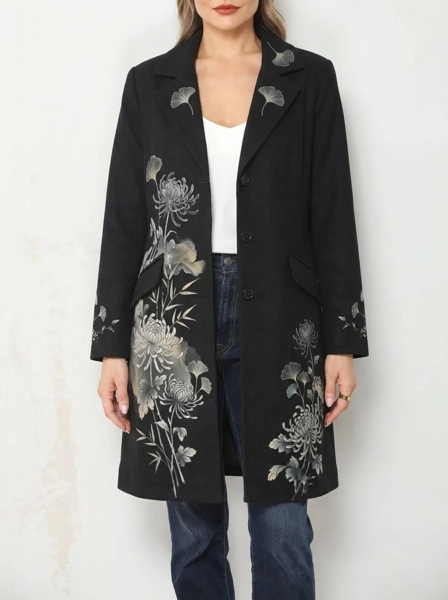 Women's Floral Art Chrysanthemum Ginkgo Printed Long Coat