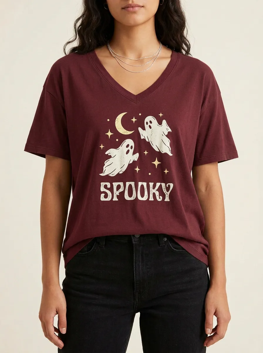 Women's Halloween Spooky Ghost Moon Stars Printed V-neck T-shirt