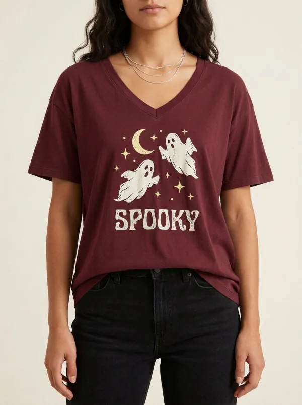 Women's Halloween Spooky Ghost Moon Stars Printed V-neck T-shirt