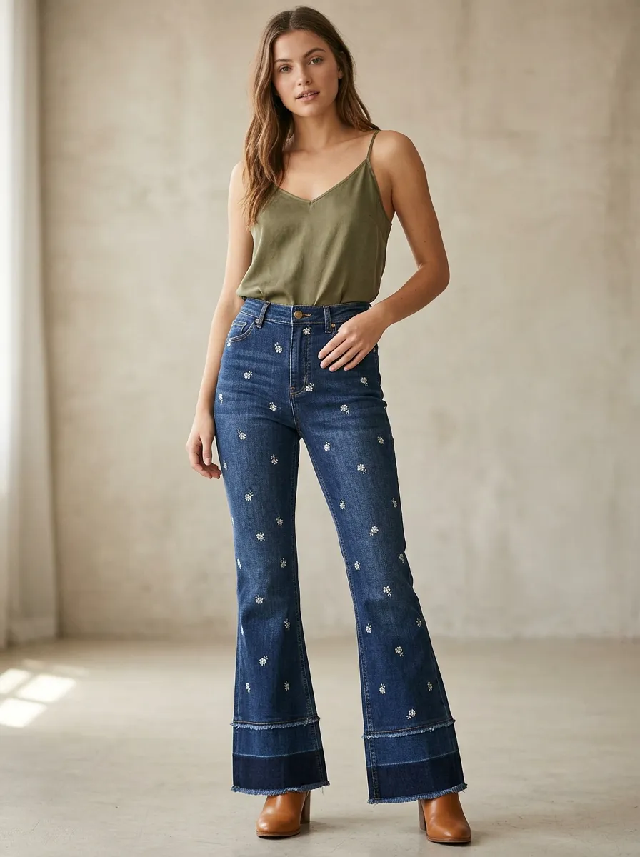 Women's Floral Daisy Pattern Printed Flare Jeans
