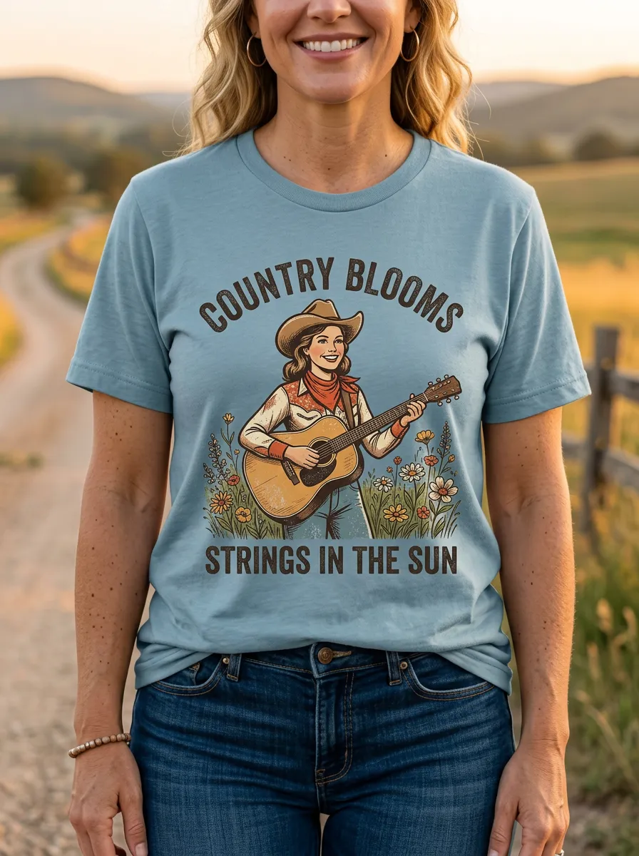 Country Music Cowgirl Guitar Floral Crew Neck T-Shirt