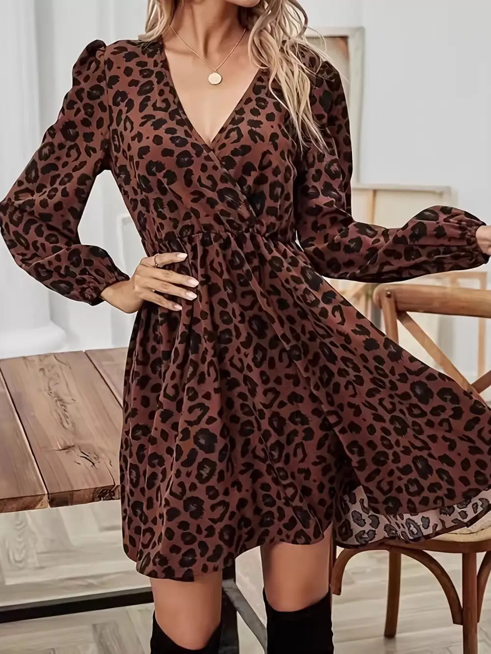 Finish Animal Print V Neck Long Sleeve Mini Dress