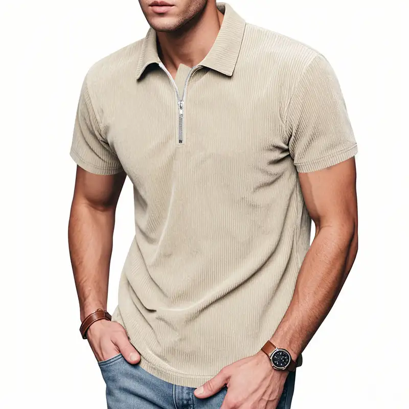 Ribbed Half Zip Short Sleeve Jersey Polo Shirt