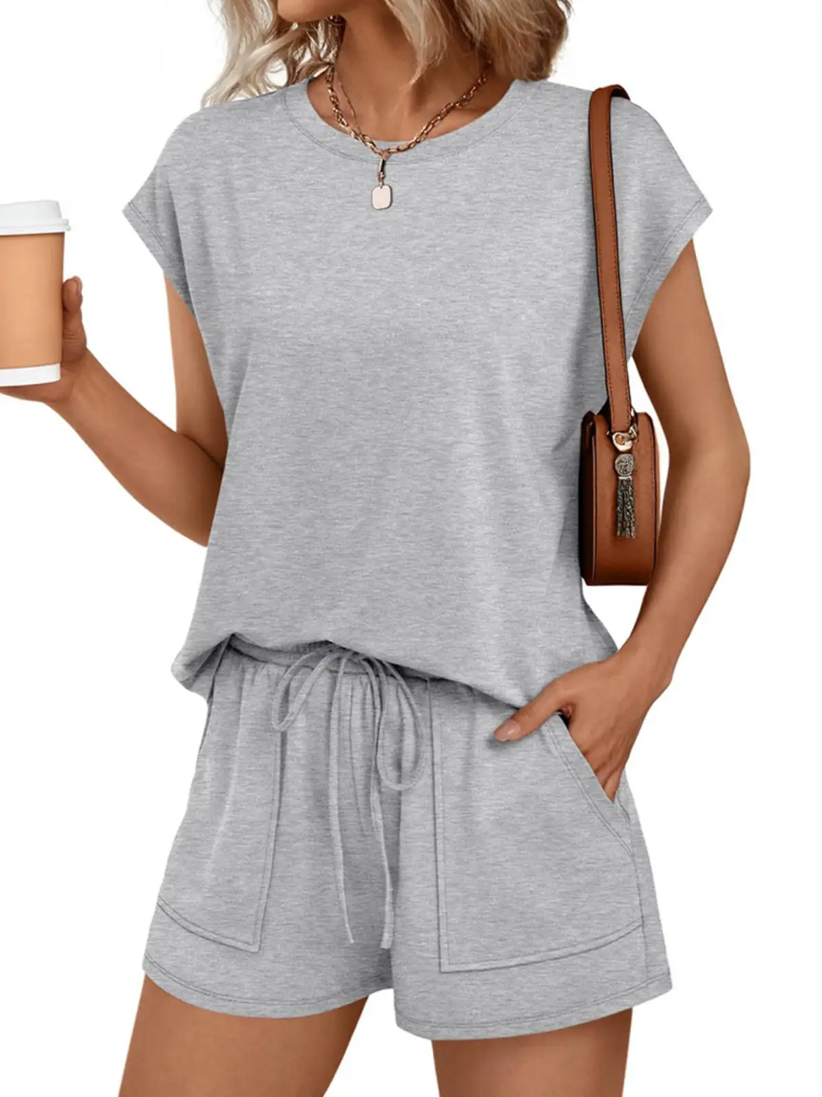 Tailored Drawstring Pocketed Top and Shorts Matching Set