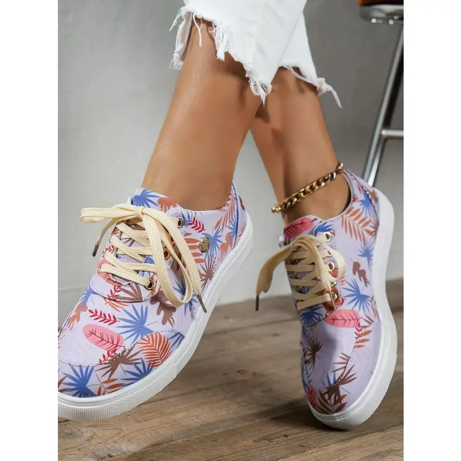 Tropical Leaf Print Canvas Sneakers