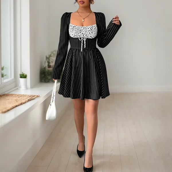Women's Fitted Long-Sleeve Polka-Dot Summer Mini Dress
