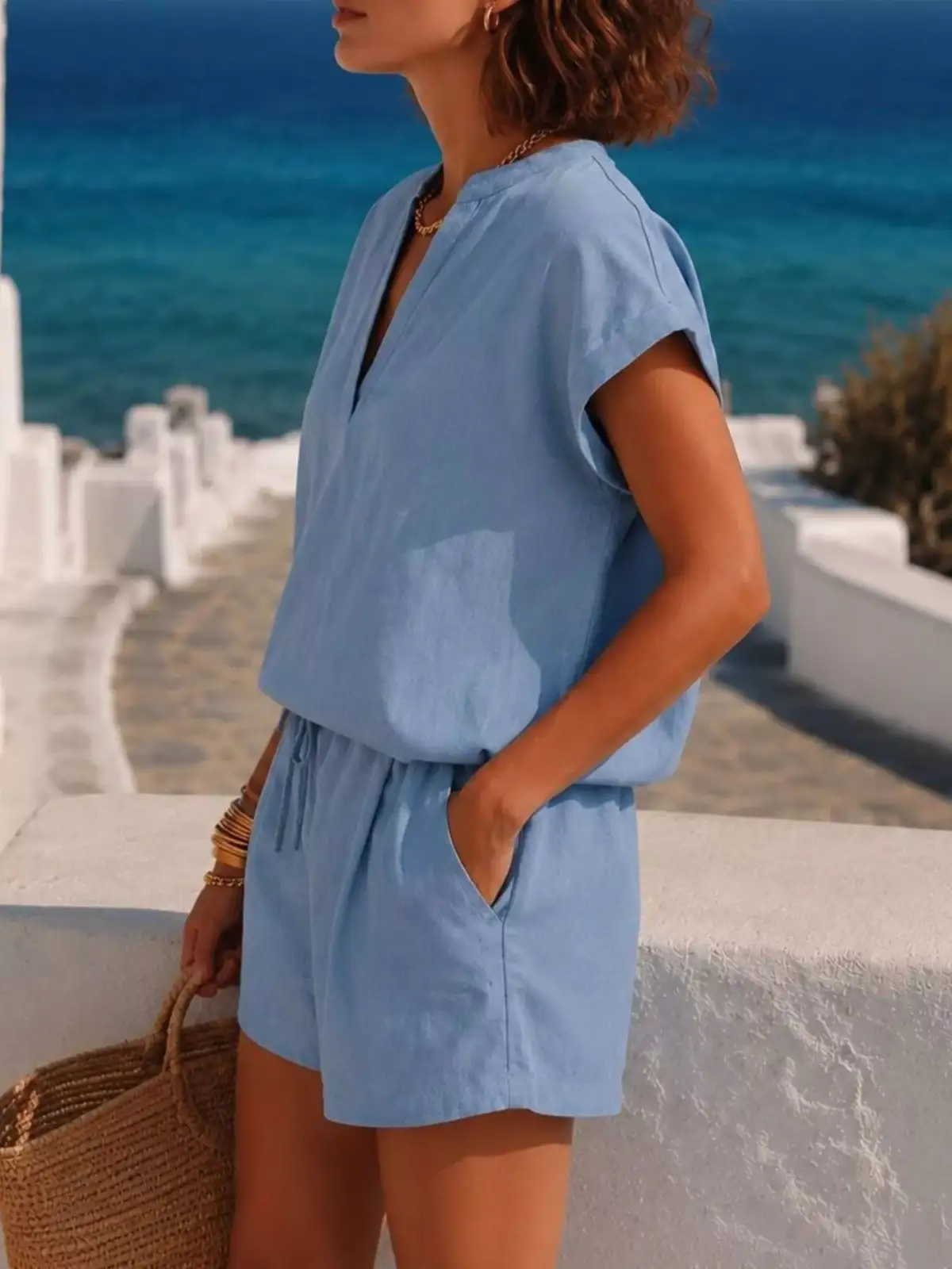 Refined Drawstring Pocketed Top and Shorts Matching Set
