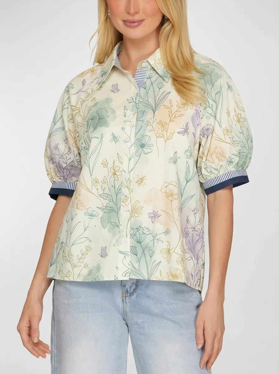 Women's Botanical Garden Butterfly Printed Button-up Shirt