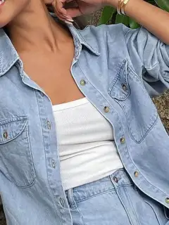 Pocketed Denim Cotton Shirt and Shorts Matching Set