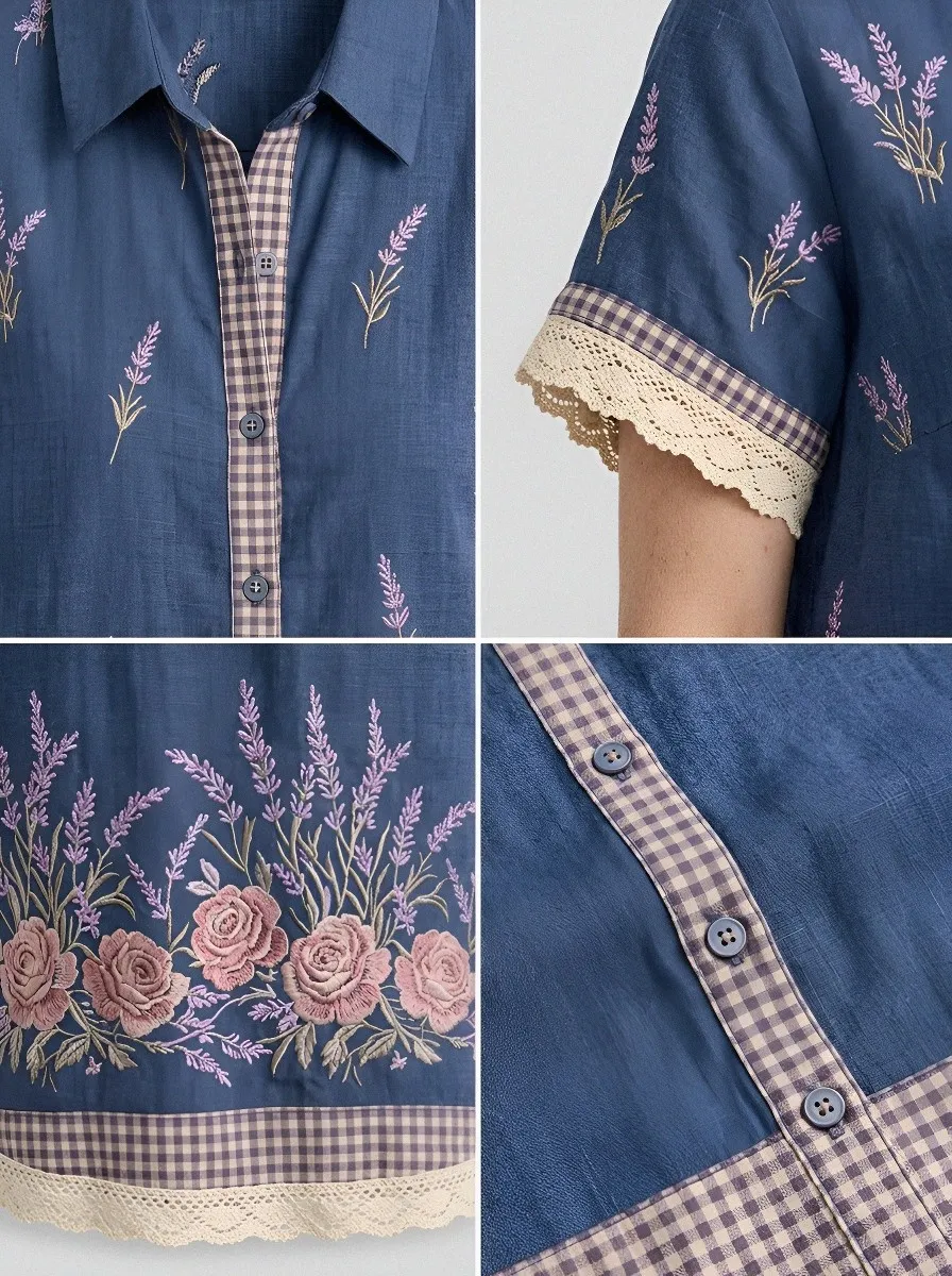 Women's Summer Vacation Lavender Floral Gingham Printed Shirt Dress