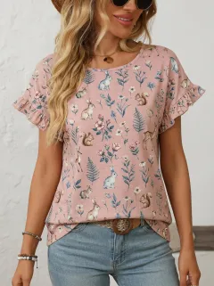 Rabbit Squirrel Floral Women's Loose Printed T-Shirt