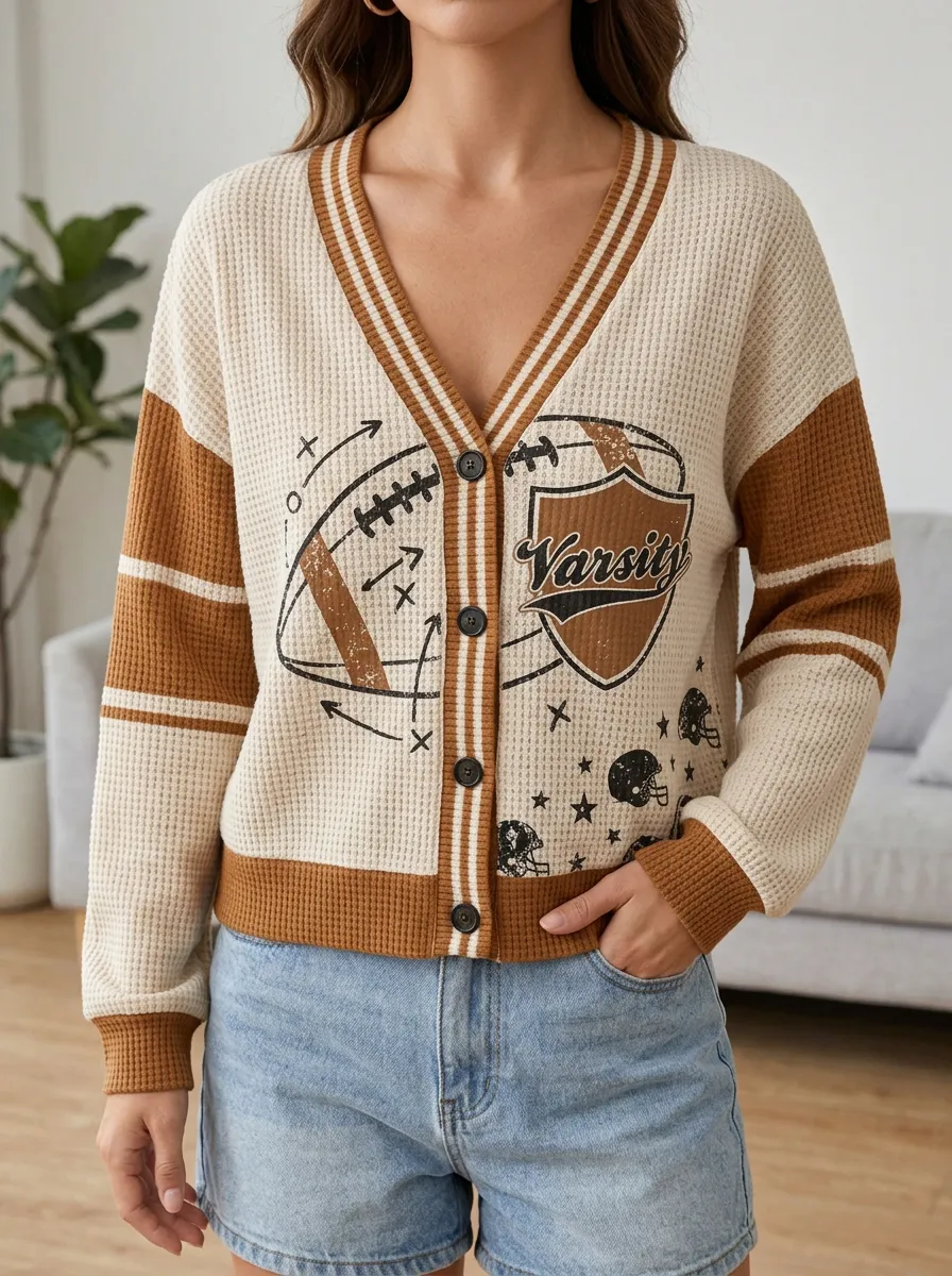 Women's Football Varsity Graphic Printed Waffle Knit Cardigan