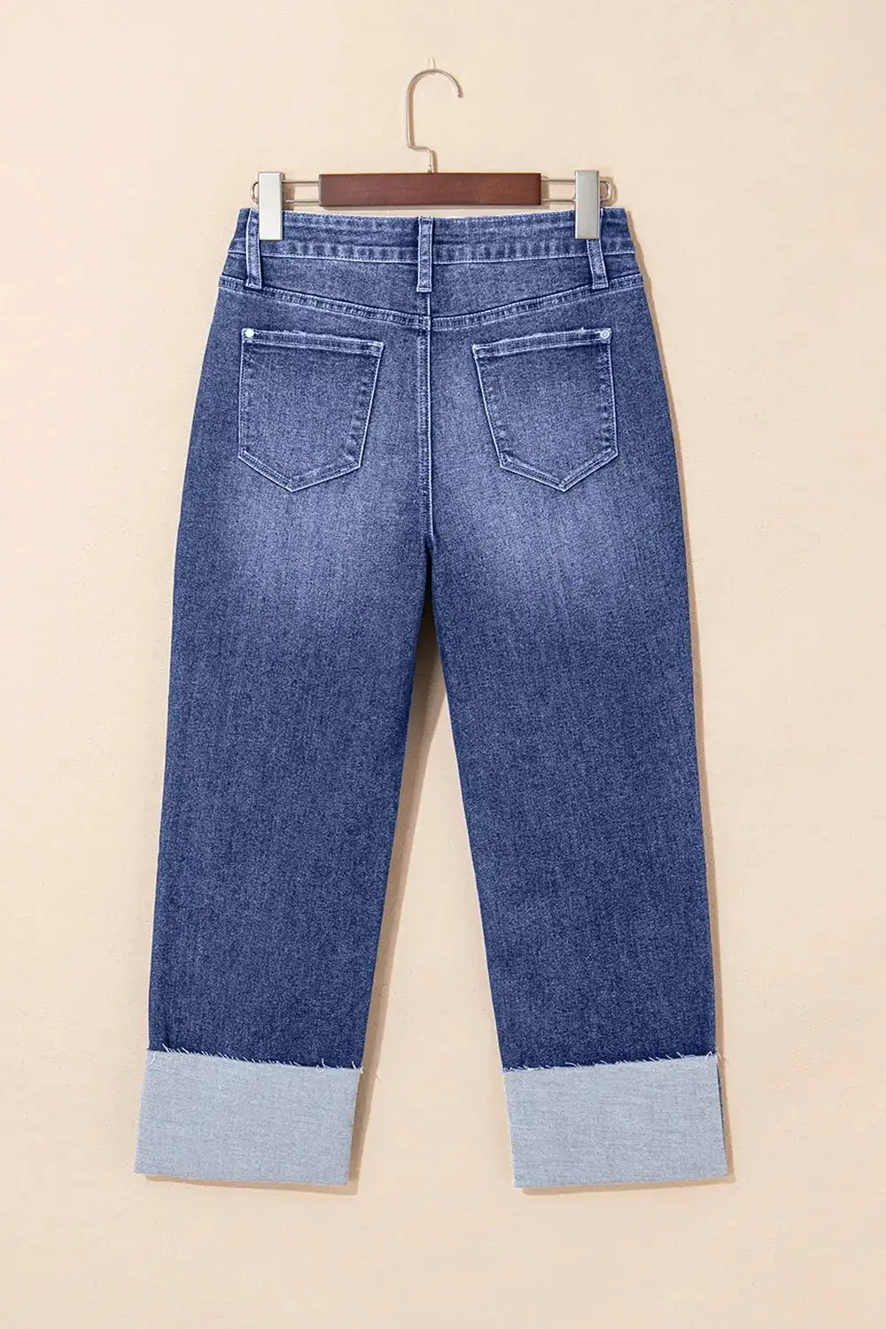 Folded Cuffs Distressed Straight High Waist Jeans