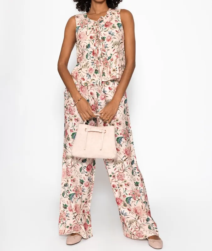 Cream Beige Floral Print Tie Top
