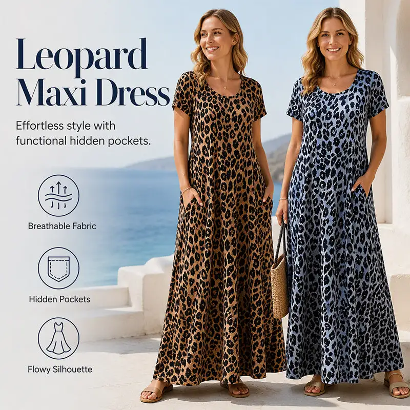 Summer Hot Sale 50% Off! Women's Leopard Print Maxi Dress with Pockets Casual Short Sleeve Long Dress