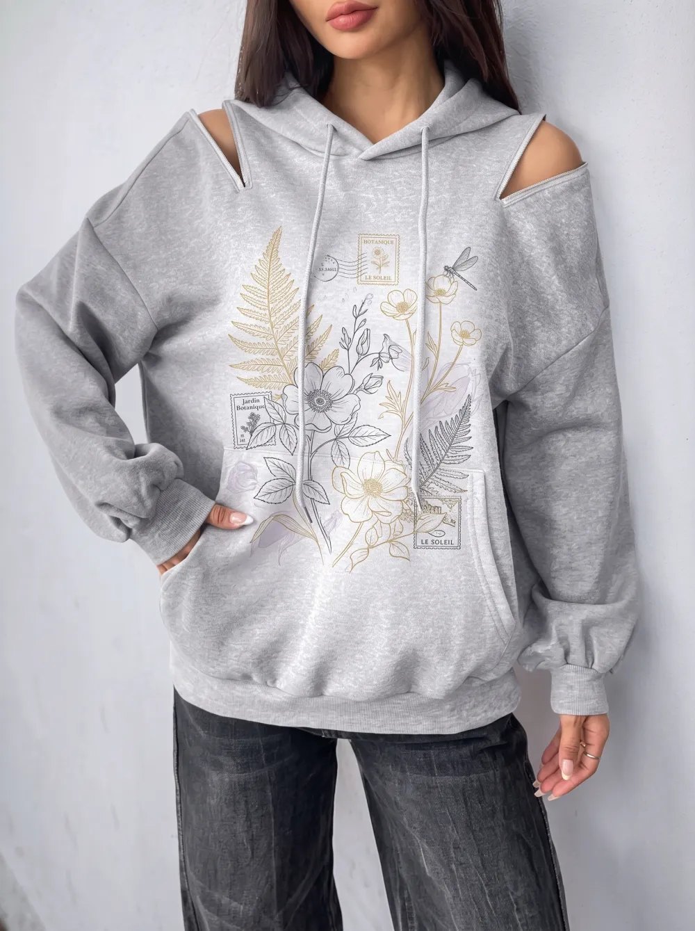 Women's Botanical Floral Dragonfly Stamp Printed Cold Shoulder Hoodie