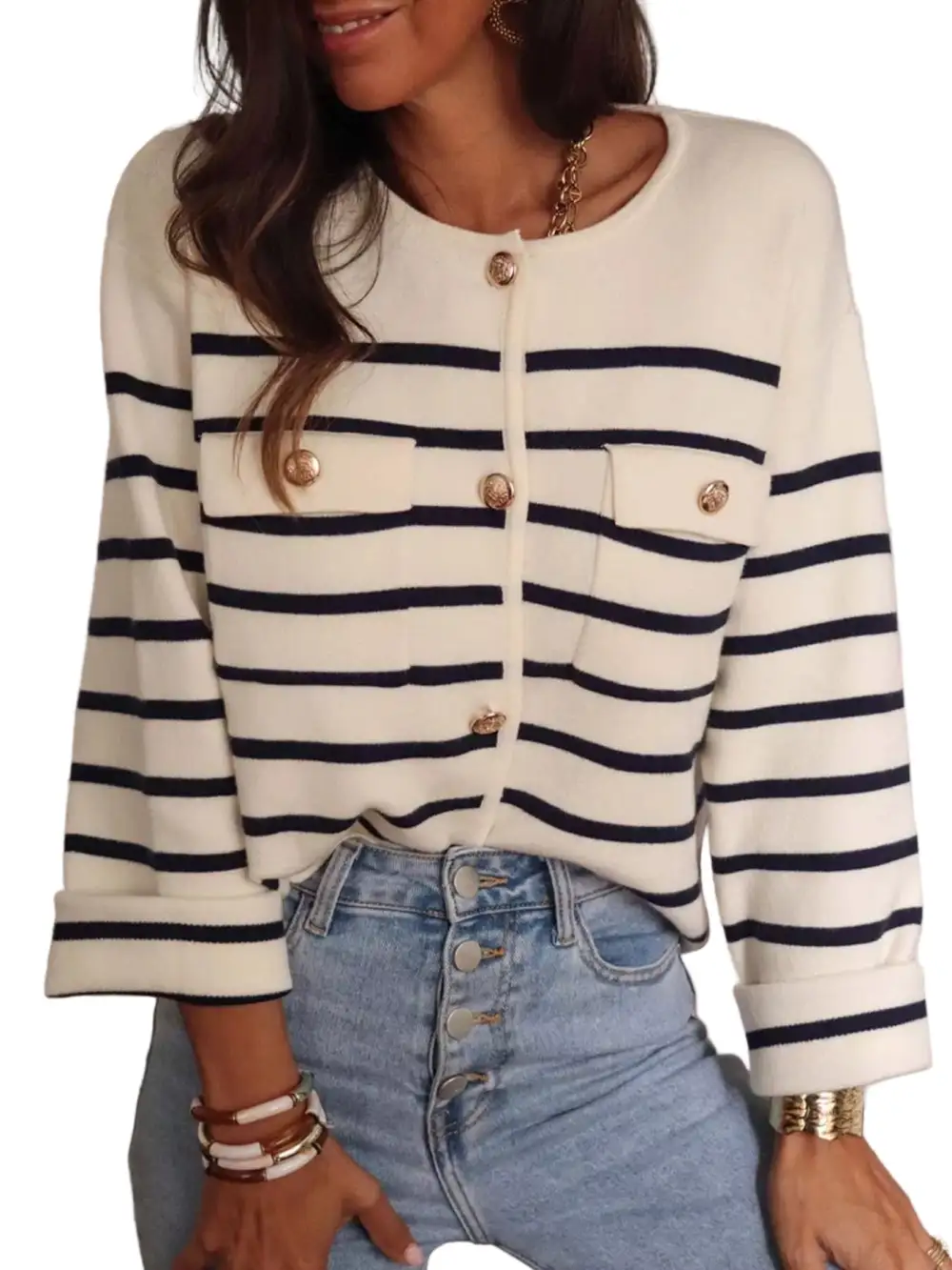 Button Front Striped Cardigan