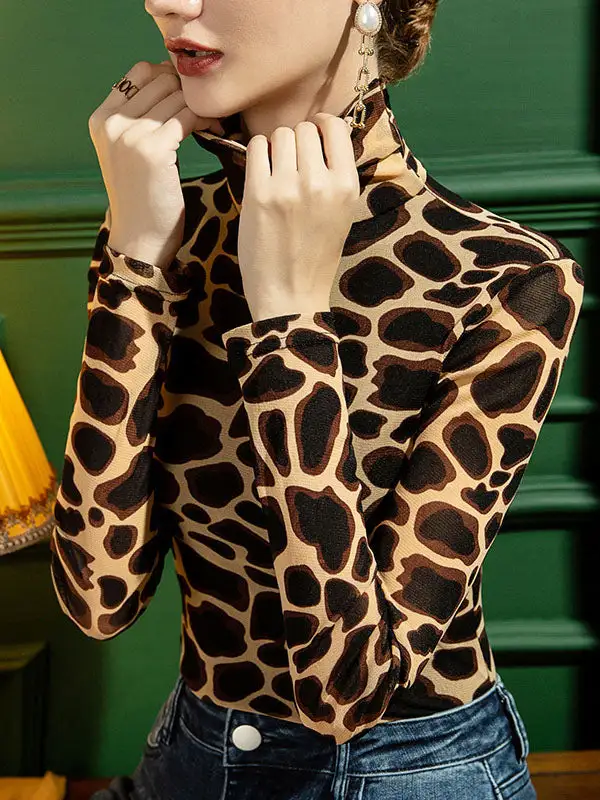 Long Sleeve Slim Fit Leopard High Neck Everyday T-Shirt