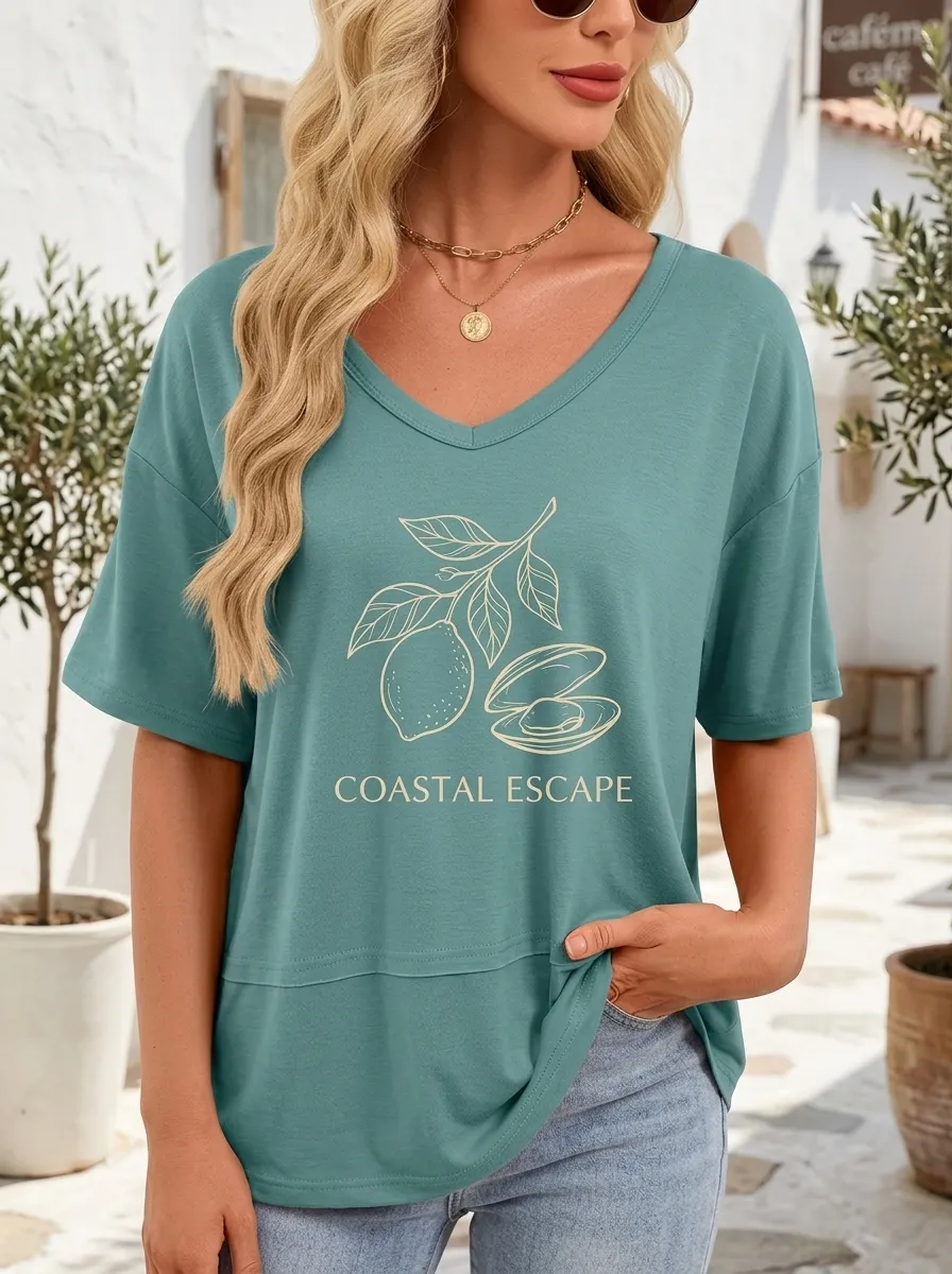 Women's Coastal Escape Lemon Shell Printed V-Neck T-Shirt