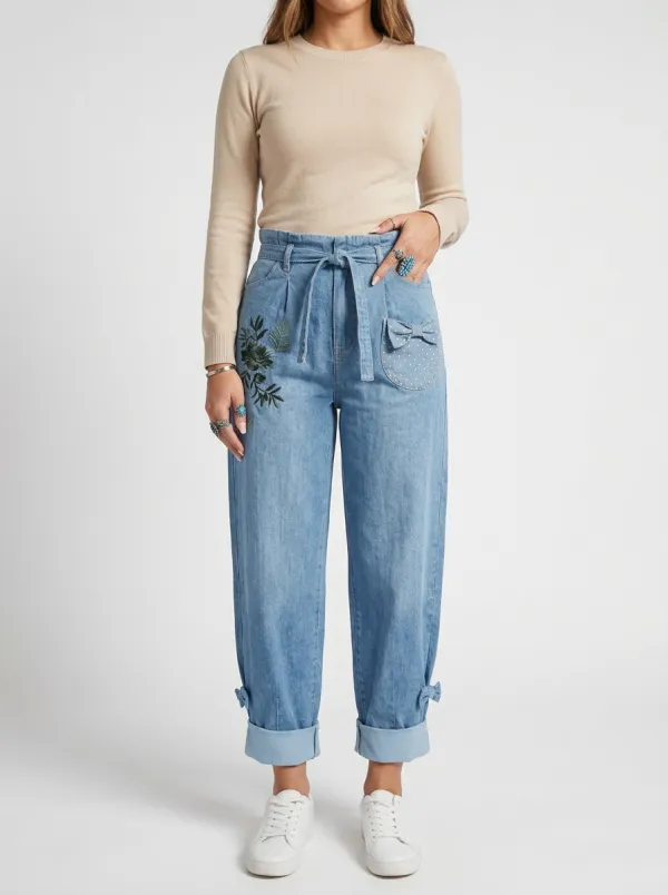 Women's Western Cowgirl Polka Dot Bow Printed Denim Pants