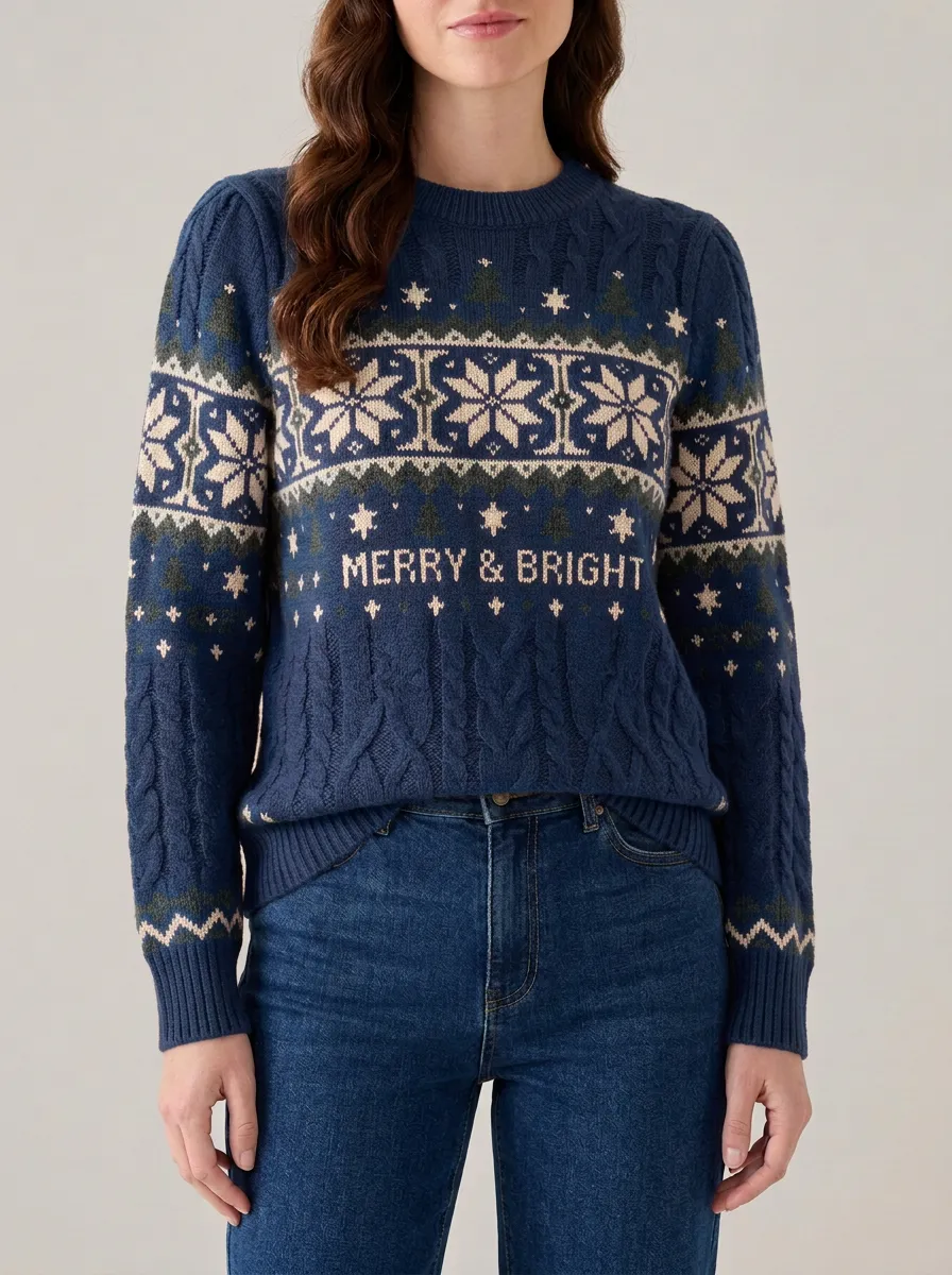 Merry & Bright Snowflake Tree Pattern Knitted Sweater