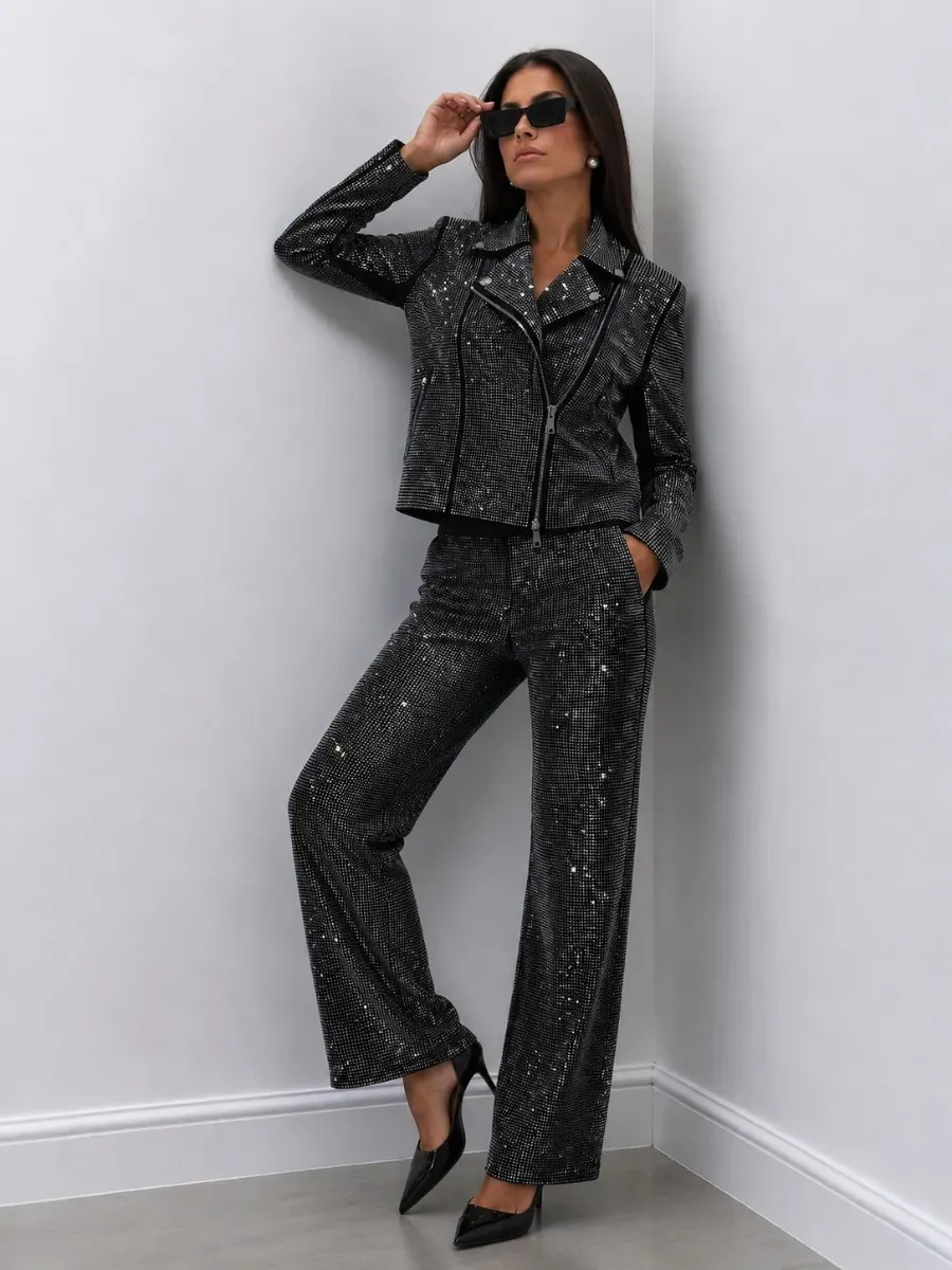 Arielle Rhinestone Embellished Moto Jacket & Pants Set
