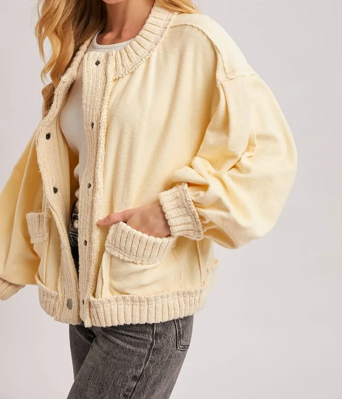 Ribbed Cotton Blend Knit Relaxed Button Down Shirt