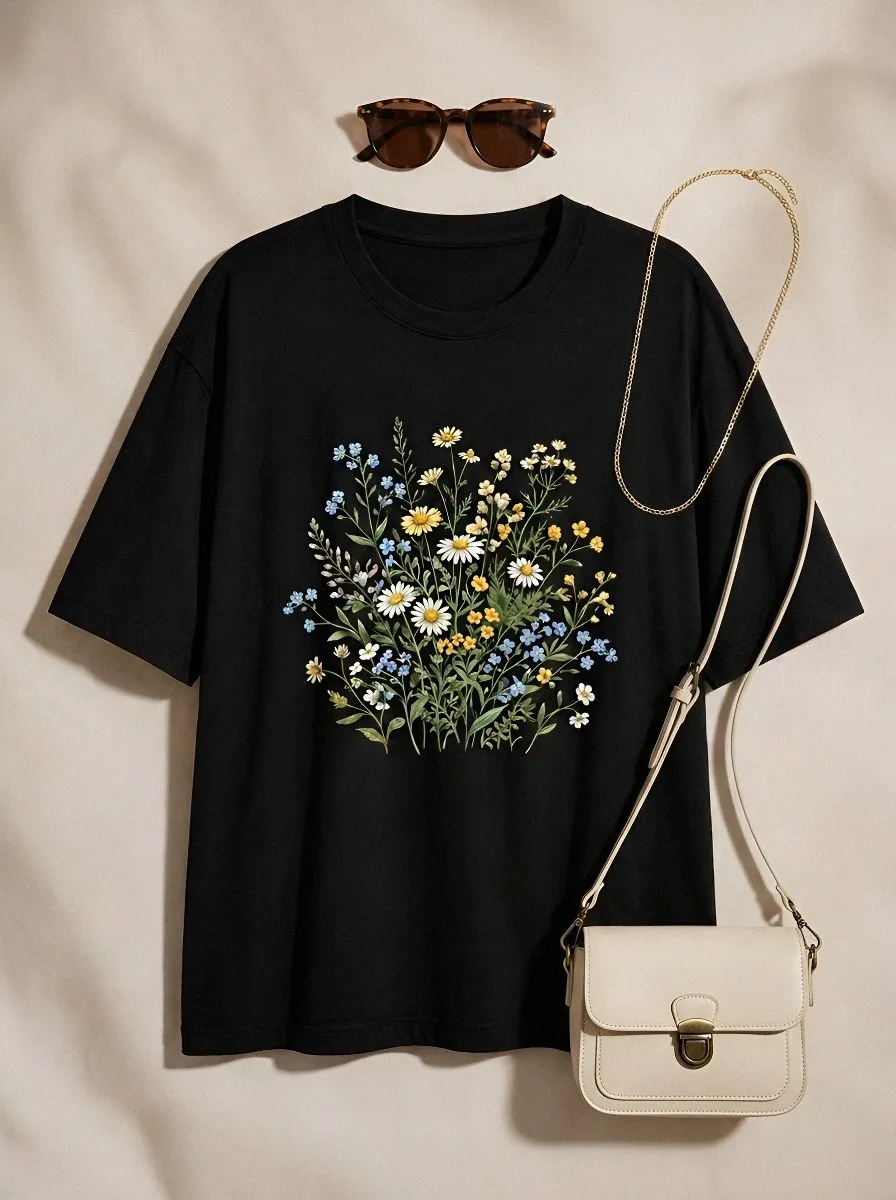 Women's Botanical Nature Lover Wildflower Bouquet Printed T-shirt