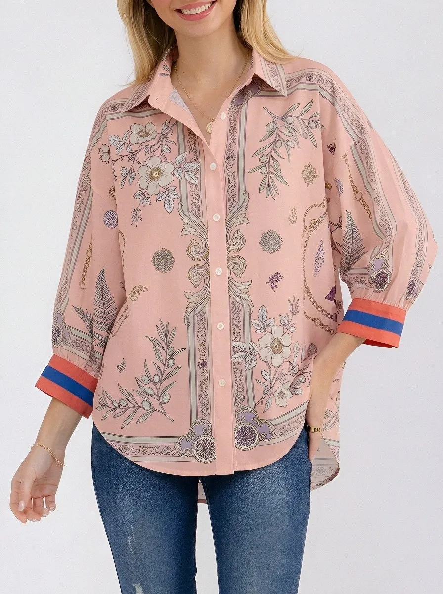 Women's Floral Botanical Chain Printed Button Down Shirt