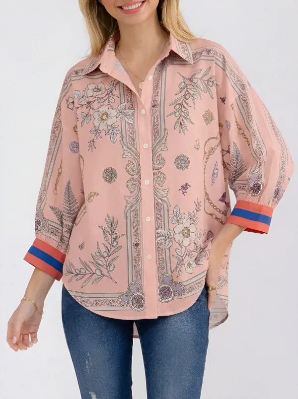 Women's Floral Botanical Chain Printed Button Down Shirt