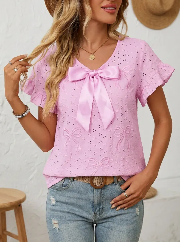 Women's V-neck Bow-detail Eyelet Top