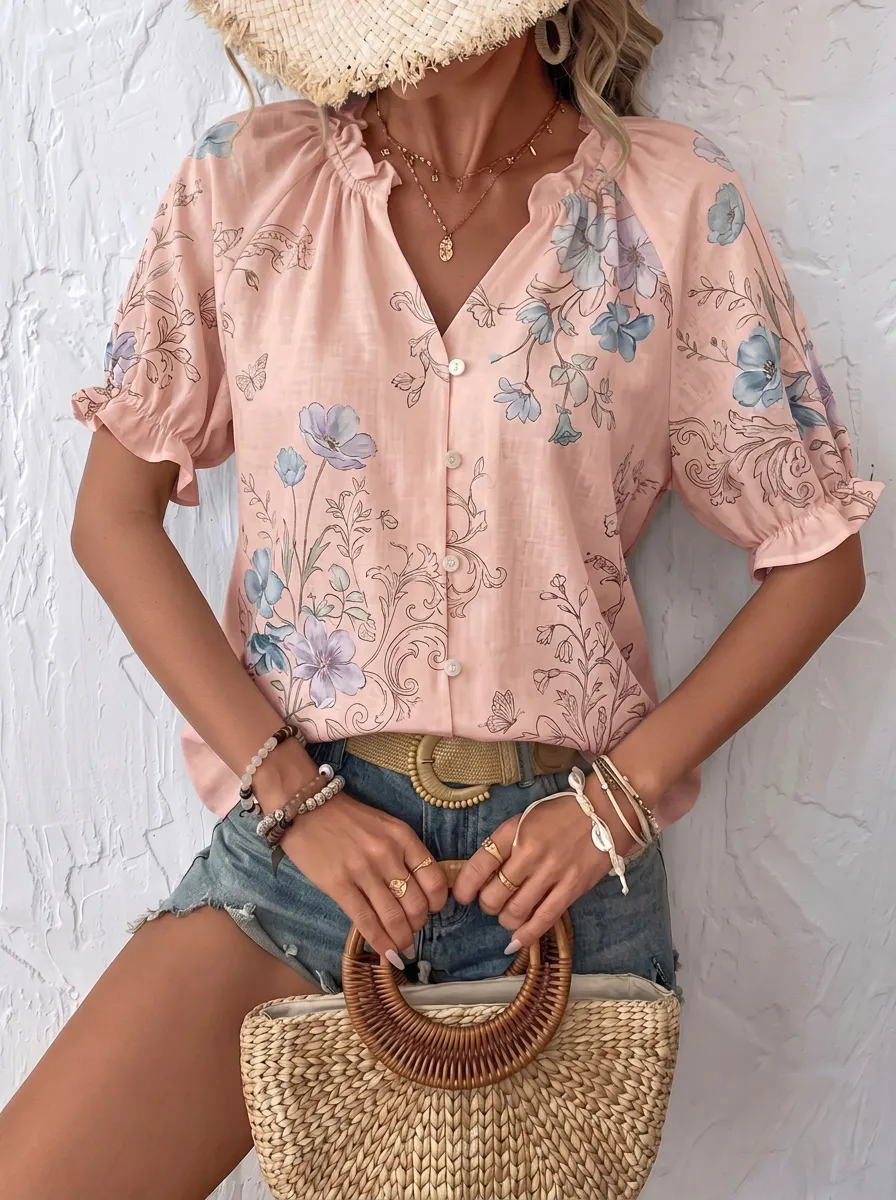 Women's Boho Floral Butterfly Printed Button Up Blouse