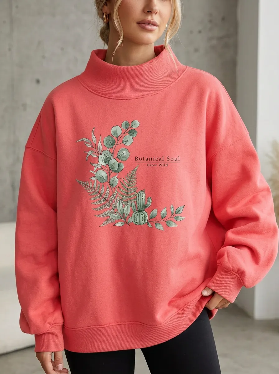 Botanical Soul Fern Cactus Mock Neck Sweatshirt