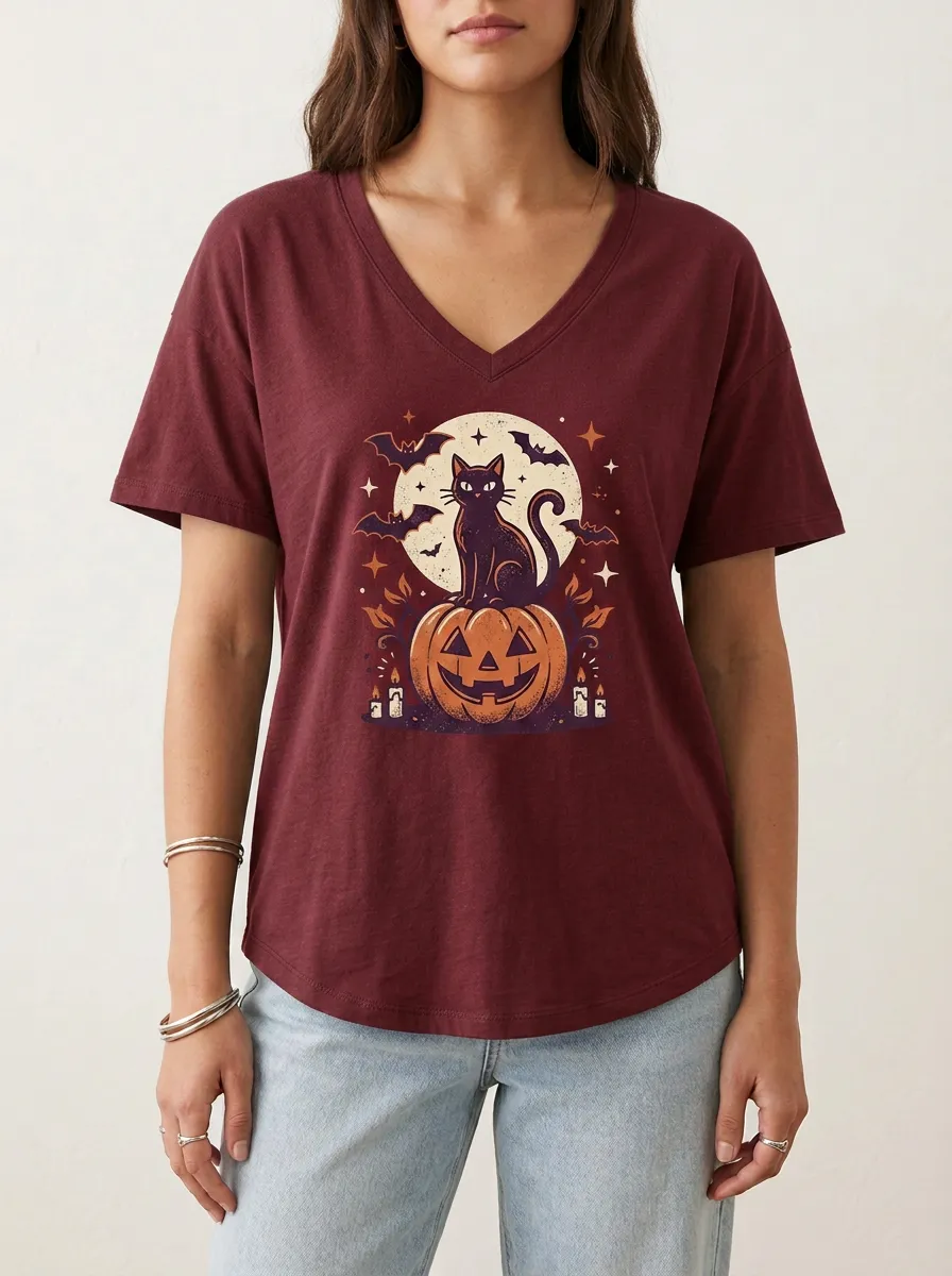 Women's Halloween Cat Pumpkin Moon Bats Printed V-neck T-shirt