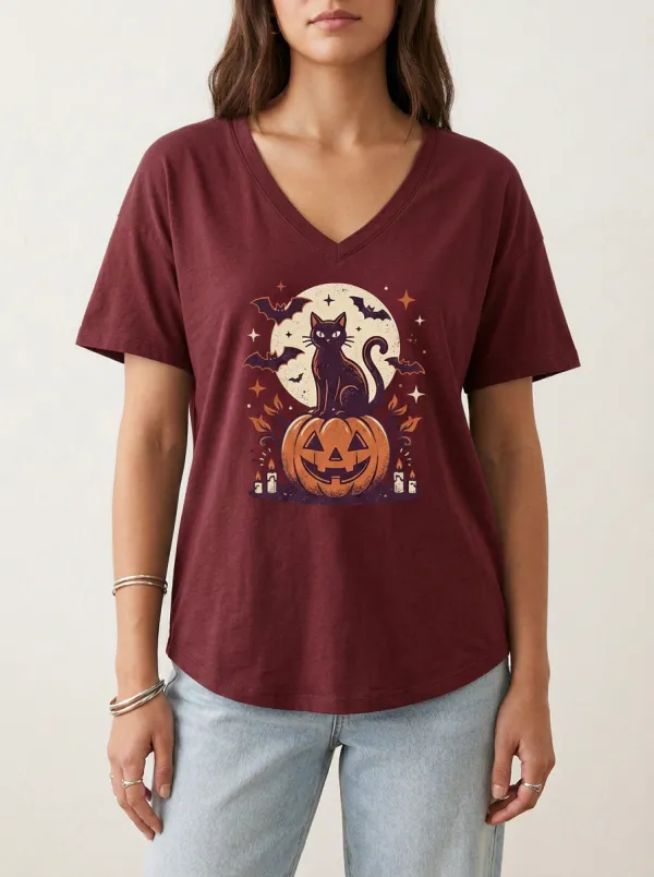 Women's Halloween Cat Pumpkin Moon Bats Printed V-neck T-shirt