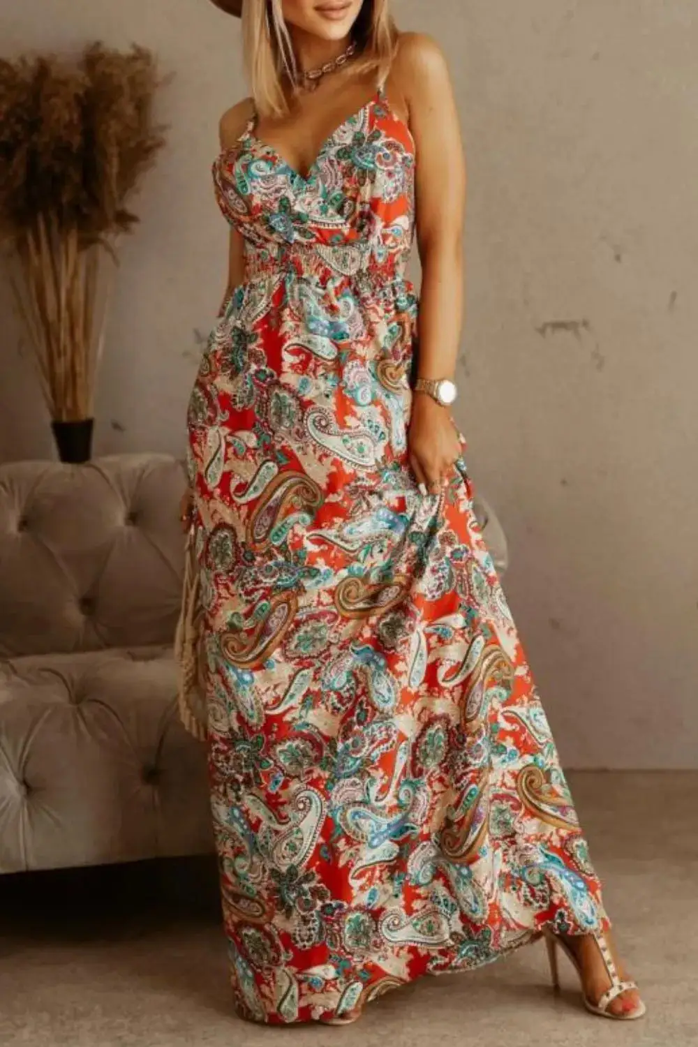 Classic Smocked Spaghetti-Strap Printed Maxi Dress